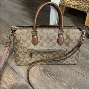 Coach Signature Canvas Satchel with Brown Leather Trim